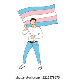 Pride trans person holding transgender flag. Happy LGBT activist, celebrating Transgender Awareness week. Cute character, design element for banners, flyers.