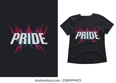 Pride, tribal flame, t-shirt design, LGBTQ, vibrant, graphic tee, modern design, fashion, apparel, typography, bold text, gradient effect, stylish, trendy, unique, statement piece, casual wear, unisex