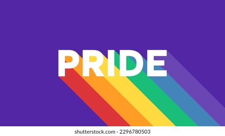 Stolz Typografie Banner. Stolzer Text mit LGBT-Regenbogen-Flag-Schatten auf violettem Hintergrund. LGBTQ Pride Monat Text Banner mit Flag. Vektorgrafik.