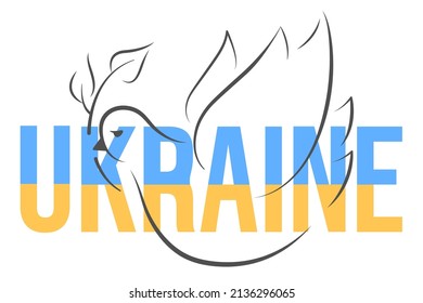 Pride for Ukraine. Flying bird holding olive leaf. Peace symbol. No war concept. Support Ukraine. Symbols of Ukraine. Line art. Vector flat illustration