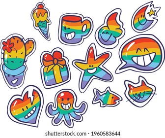 Pride Vector abstract sticker doodles. Hand written love, peace, cute objects with rainbow. Gay parade. LGBTQ equality rights. Isolated
