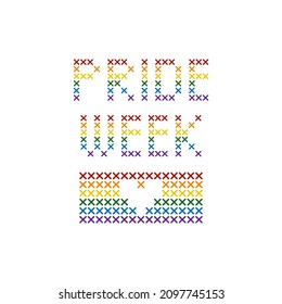 Pride week text in cross stitch style.