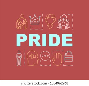 Pride word concepts banner. Selfish, self-confident person. Boasting. Presentation, website. Isolated lettering typography idea, linear icons. Humiliation of other. Vector outline illustration
