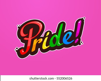 Pride word custom lettering text colored in colors of LGBT rainbow flag vector illustration