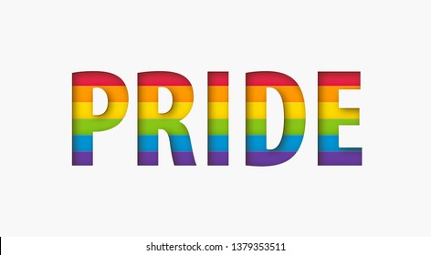 Pride word lgbt sign rainbow color stripe. Pride flag Paper cut text letters shape Concept. Valentine day. Vector illustration isolated on white background