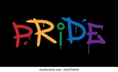 Pride word. LGBTQ Pride Month. Urban street graffiti style with splash effects and drops in rainbow colors on black background. Vector Illustration for printing,  cards, posters, stickers