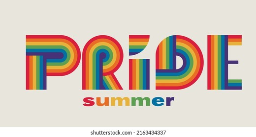 Pride word made with rainbow stripes in retro 70s style. Vintage vibe lgbtq pride vector for print on merch, t-shirt, totes, etc. 
