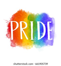 Pride - word on spectrum flag of gay parade. Bright artistic rainbow with hand drawn letters.