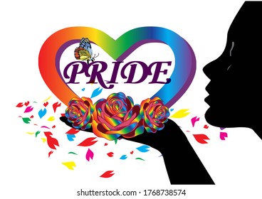 Pride word in rainbow heart and roses for LGBTQ parade black silhouette holding the heart and butterfly vector illustration isolated on white background