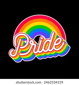 "Pride"calligraphy design with rainbow background for Pride month celebration.