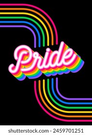 "Pride"calligraphy design with rainbow colored line background for Pride month celebration.