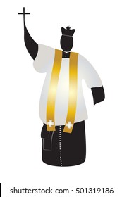 Priest, abstract silhouette of a traditional choral vestments cleric in a cassock or soutane, with a biretta hat, surplice and a stole, holding a cross. Color vector illustration.