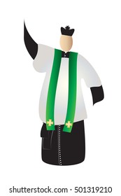 Priest, abstract silhouette of a traditional choral vestments cleric in a cassock or soutane, with a biretta hat, surplice and a stole.Color vector illustration.