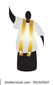 Priest, abstract silhouette of a traditional choral vestments cleric in a cassock or soutane,  and a stole. Color vector illustration.