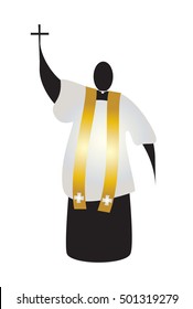 Priest, abstract silhouette of a traditional choral vestments cleric in a cassock or soutane, surplice and a stole, holding a cross. Color vector illustration.