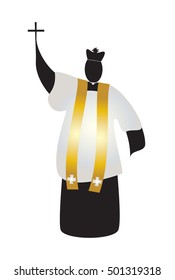 Priest, abstract silhouette of a traditional choral vestments cleric in a cassock or soutane, with a biretta hat, surplice and a stole, holding a cross. Color vector illustration.