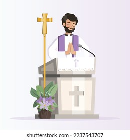 Priest behind church lectern with purple stole preaching during the mass