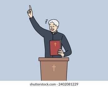 Priest with bible shouts and standing behind podium with christian crucifix, talking about retribution for sins. Priest expressively reads sermon or conducts religious mass for church visitors