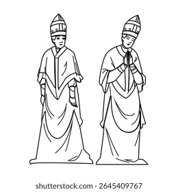 sacerdote bispo vetor medieval. caráter do reino, camponês antigo, histórico sacerdote meio bispo caráter medieval. pessoas linha preta lápis desenho ilustração