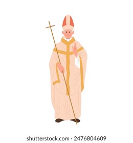 Priest or bishop religious leader cartoon character in traditional robe with attributes of power