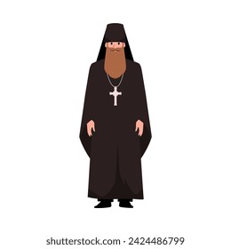 Priest in a black cassock with cross vector illustration. Pastor or Pope standing isolated on white background. Christianity religion. Catholic Orthodox prayer to god