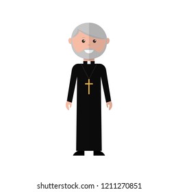 Priest is a cartoon character. A priest with a beard in a cassock and a cross stands tall on a white background. Flat vector illustration style.