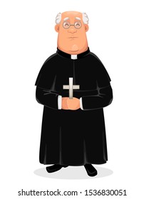 Priest cartoon character. Holy Father standing with cross in hands. Vector illustration on white background.