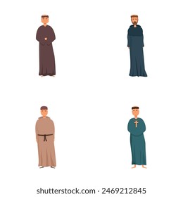 Priest character icons set cartoon vector. Various religious church leader. World religions