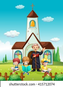 Priest and children at church illustration