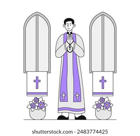 Priest in church. Man in robe stands inside building. Religious and traditions. Christianity and Catholicism. Guy in ceremonial rope. Linear flat vector illustration isolated on white background