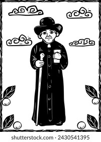 Priest Cicero, cultural figure from northeastern Brazil. Woodcut elements.