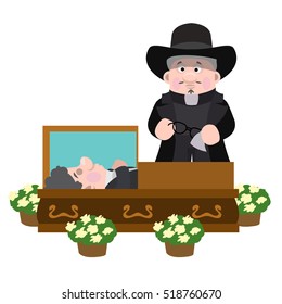 Priest at the coffin with the deceased. Illustration of life scenes. Catholic tradition. Cartoon characters.