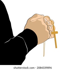 Priest with cross praying on white background, closeup. Vector illustration