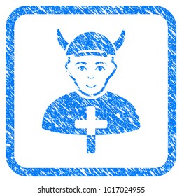 Priest Devil rubber stamp imitation. Icon vector symbol with scratched design and dust texture in rounded square. Scratched blue stamp imitation. Male face has gladness sentiment.