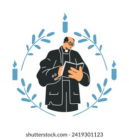 Priest doing ceremony at funeral. Priest in black clothes with Bible book makes a speech. Vector flat illustration in laurel wreath with candles isolated on white. Burial ritual service, mourning