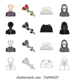 A priest, flowers for a funeral, a deceased person, an image of death. Funeral ceremony set collection icons in cartoon black monochrome outline style vector symbol stock illustration web.