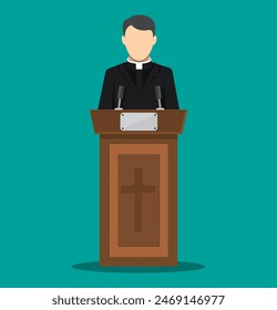 Priest giving speech from tribune. Catholic preacher person. Pastor servant of god in cassock. Vector illustration in flat style