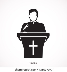 El sacerdote da un discurso de la tribuna. predicador católico. Pastor siervo de Dios en sotana. Ilustración del vector en estilo plano