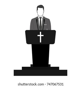 Priest giving speech from tribune. Catholic preacher person. Pastor servant of god in cassock. Vector illustration in flat style