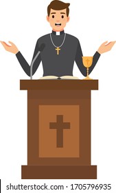 Priest giving speech from tribune.Catholic preacher character isolated on white background. Vector stock