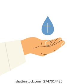 priest hand with water drop and cross, symbolizing baptism and the Christian sacrament  - vector illustration