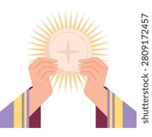 Priest hands elevating the holy eucharist host during mass
