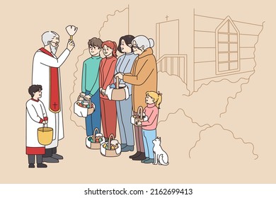 Priest holding aspersorium with holy water blessing people at church worship on Eater morning. Clergymen sanctify parishioners with aspergillum. Faith and religion. Vector illustration. 