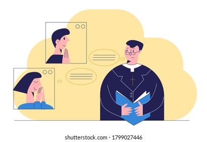 Priest Holding Bible And Conducting Church Services In Live. Group Of People With Pastor Praying Online. Church And Liturgy Concept, People Praying With Video Conference.  Flat Vector Illustratration