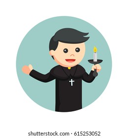 priest holding candle in circle background