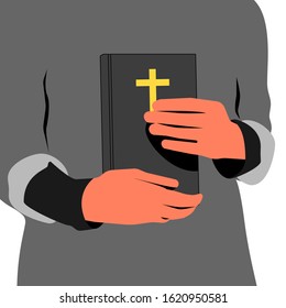 Priest holding holy bible in hands, closeup of book. Blue background. Flat vector illustration.