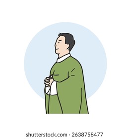 A priest holding a Mass in the cathedral. The priest is wearing a light green bridal suit. Hand-painted vector design elements