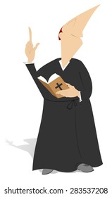 The priest is holding a prayer book and preaching