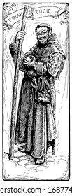 The priest holding staff, FRIAR TUCK written on top, vintage line drawing or engraving illustration