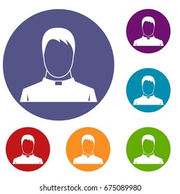Priest icons set in flat circle red, blue and green color for web